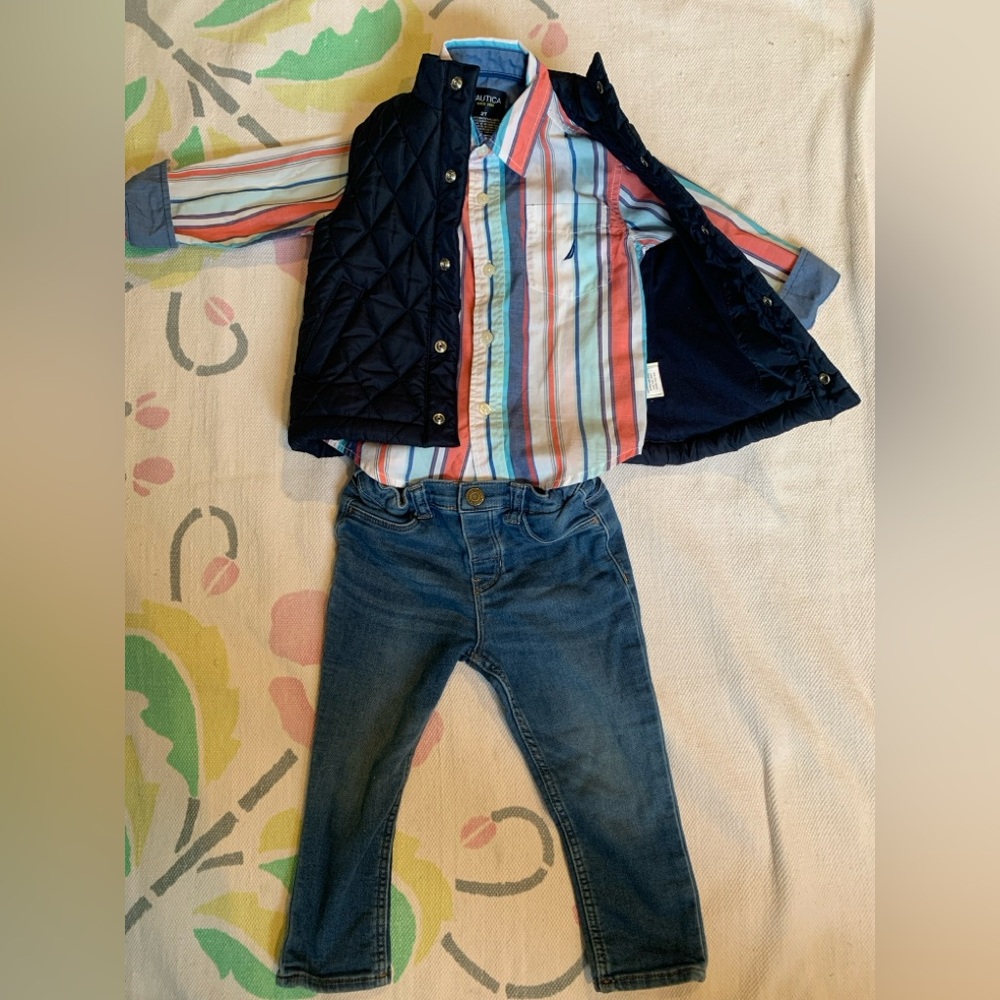 Striped Shirt and Quilted Vest with Jeans Set 2T